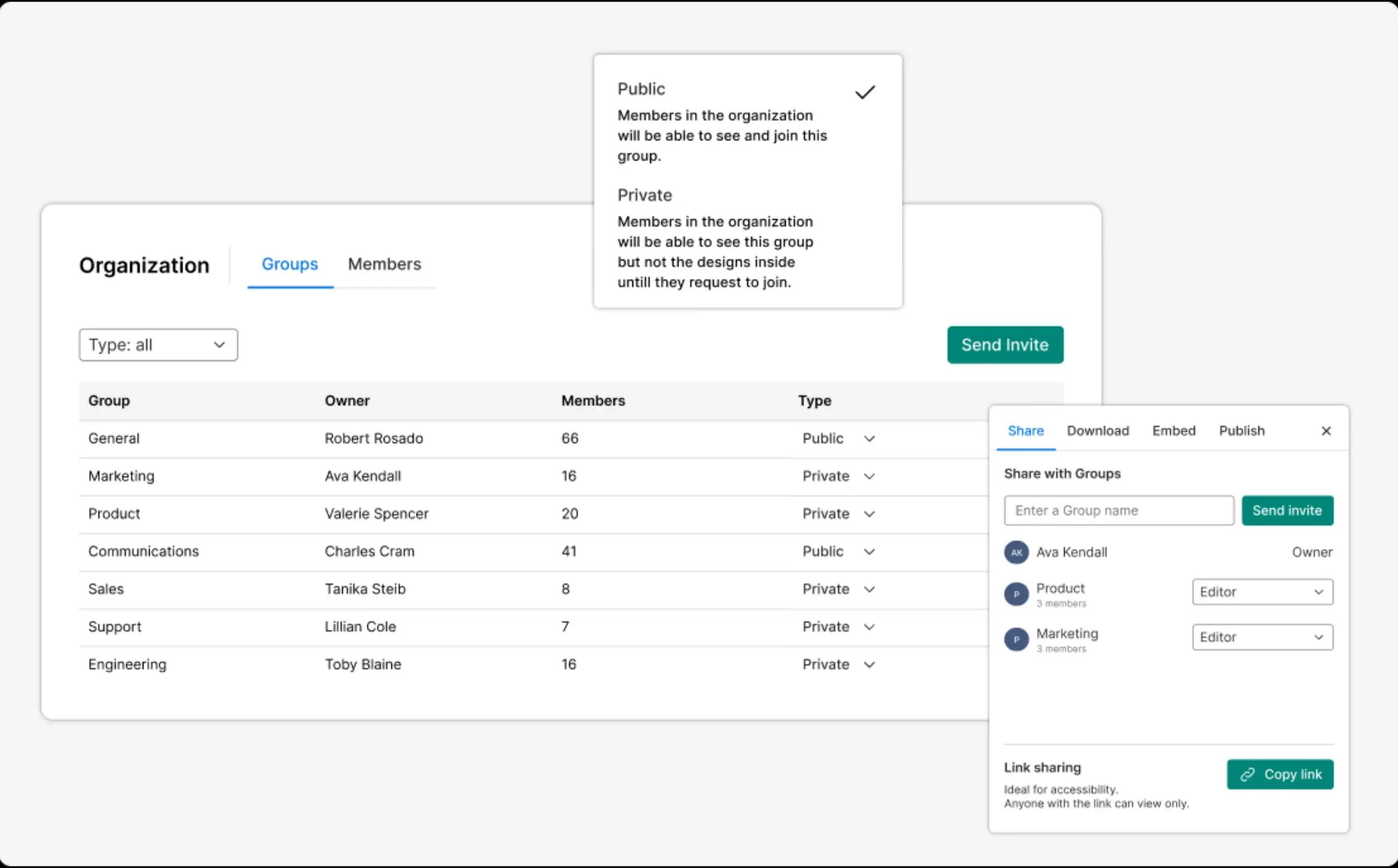 Funktionen der Workspace-Administratoransicht von Venngage, einschließlich Kontrolle über den Gruppenprivatleben, Teilen von Designs mit Gruppen und Hinzufügen von Mitgliedern.