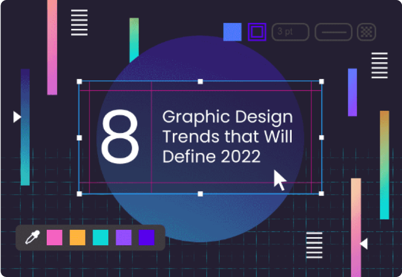 A graphic titled '8 Graphic Design Trends that Will Define 2022' featuring a stylized number 8 and various graphic design elements like color palettes, rulers, and shapes on a dark background, suggesting the content is about upcoming trends in the field of graphic design.